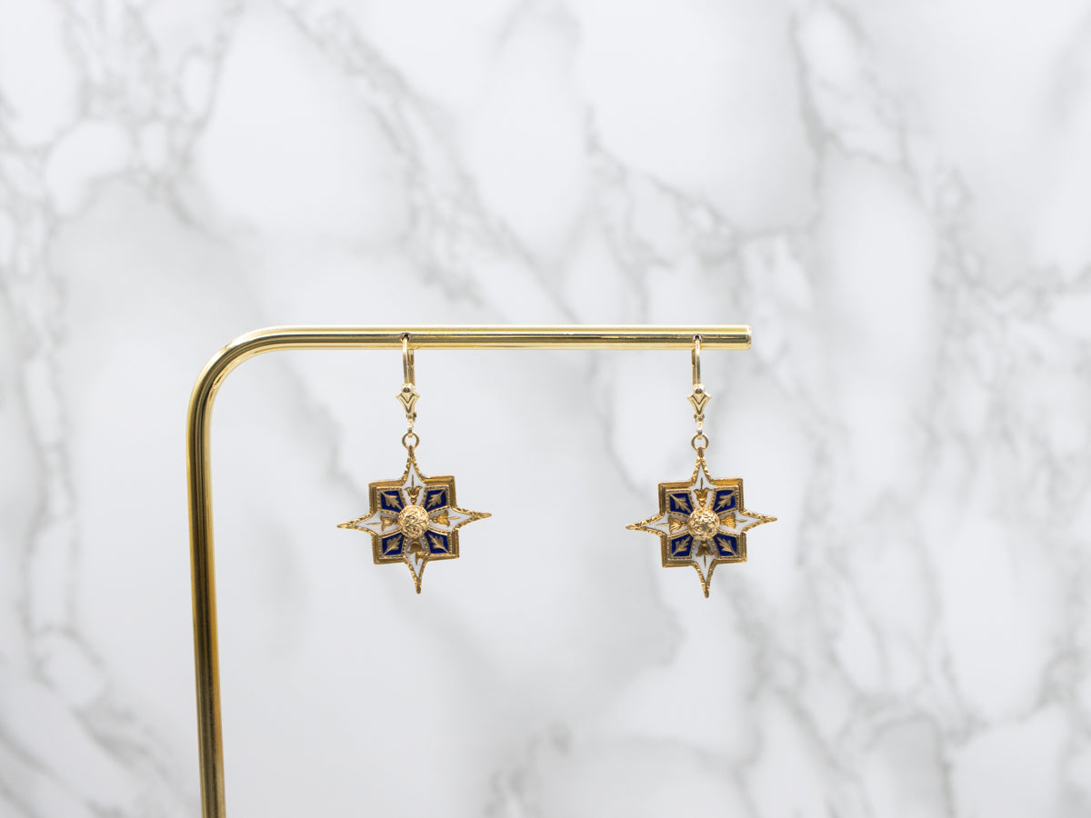 Ornate 18K Gold and Enamel Cufflink Conversion Drop Earrings