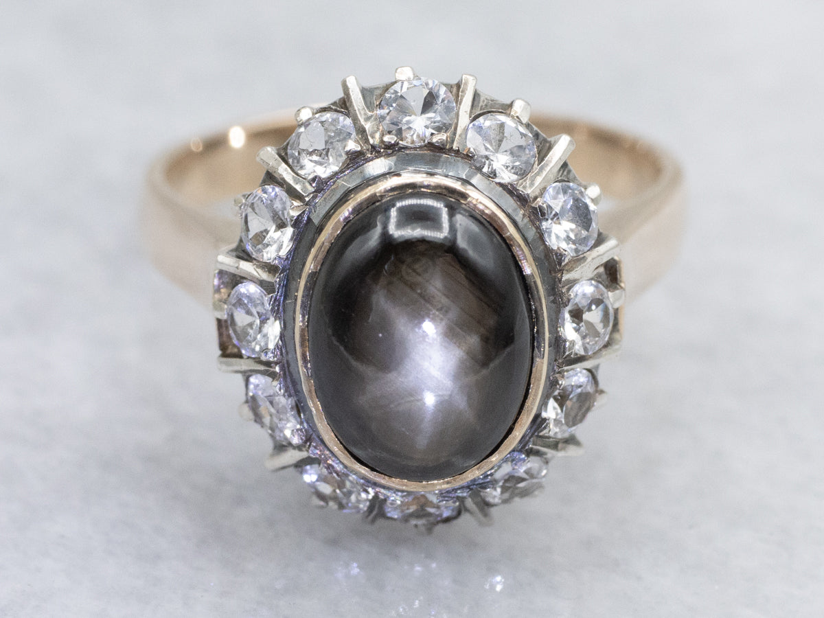 Black Star Sapphire and Synthetic Spinel Halo Ring