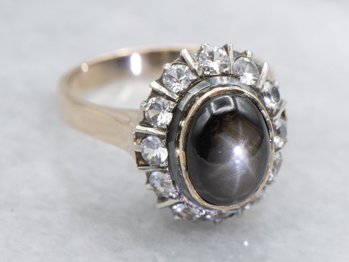 Black Star Sapphire and Synthetic Spinel Halo Ring