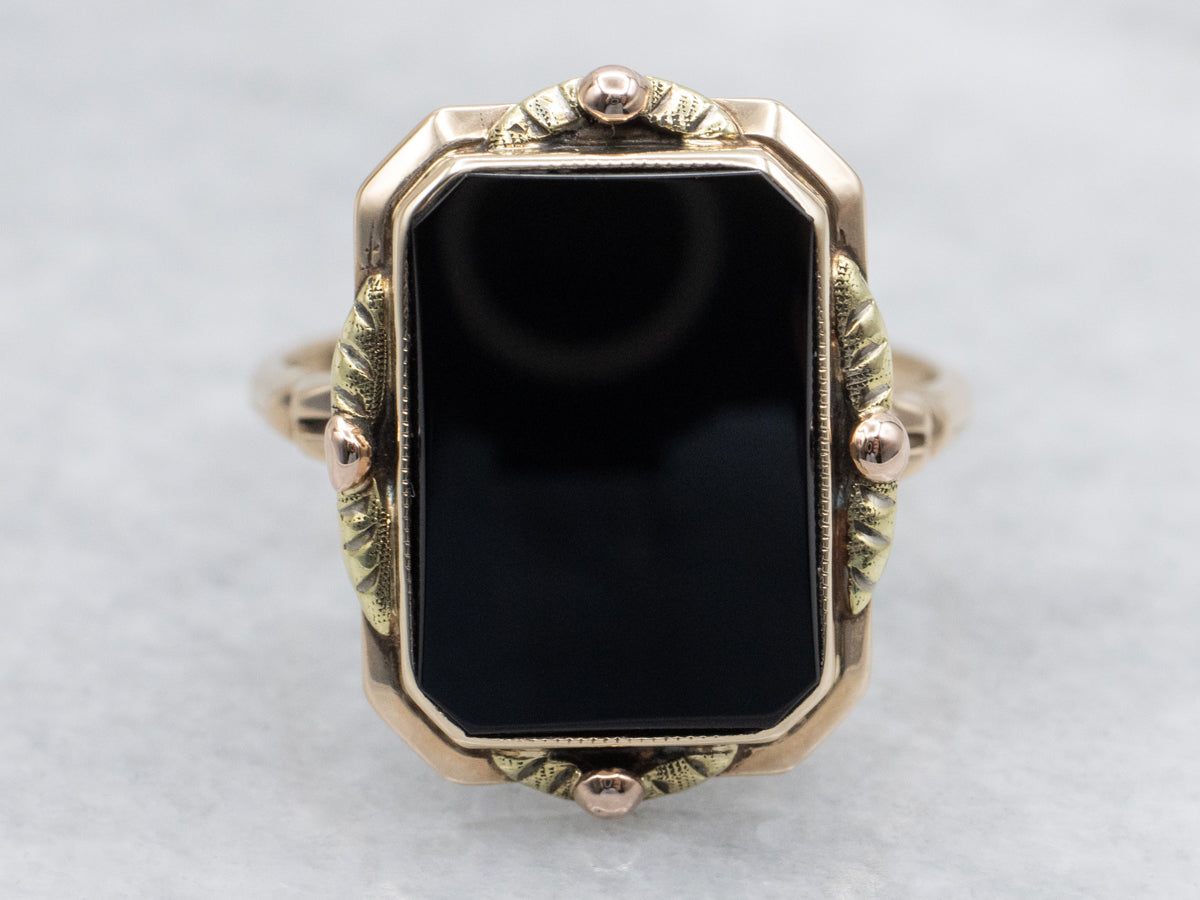 Retro Tri-Color Gold Onyx Solitaire Ring