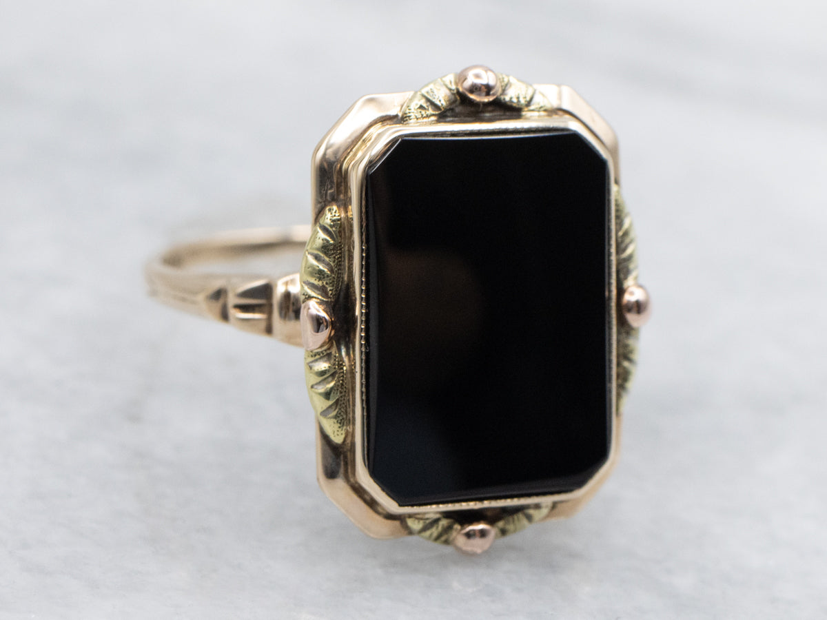 Retro Tri-Color Gold Onyx Solitaire Ring