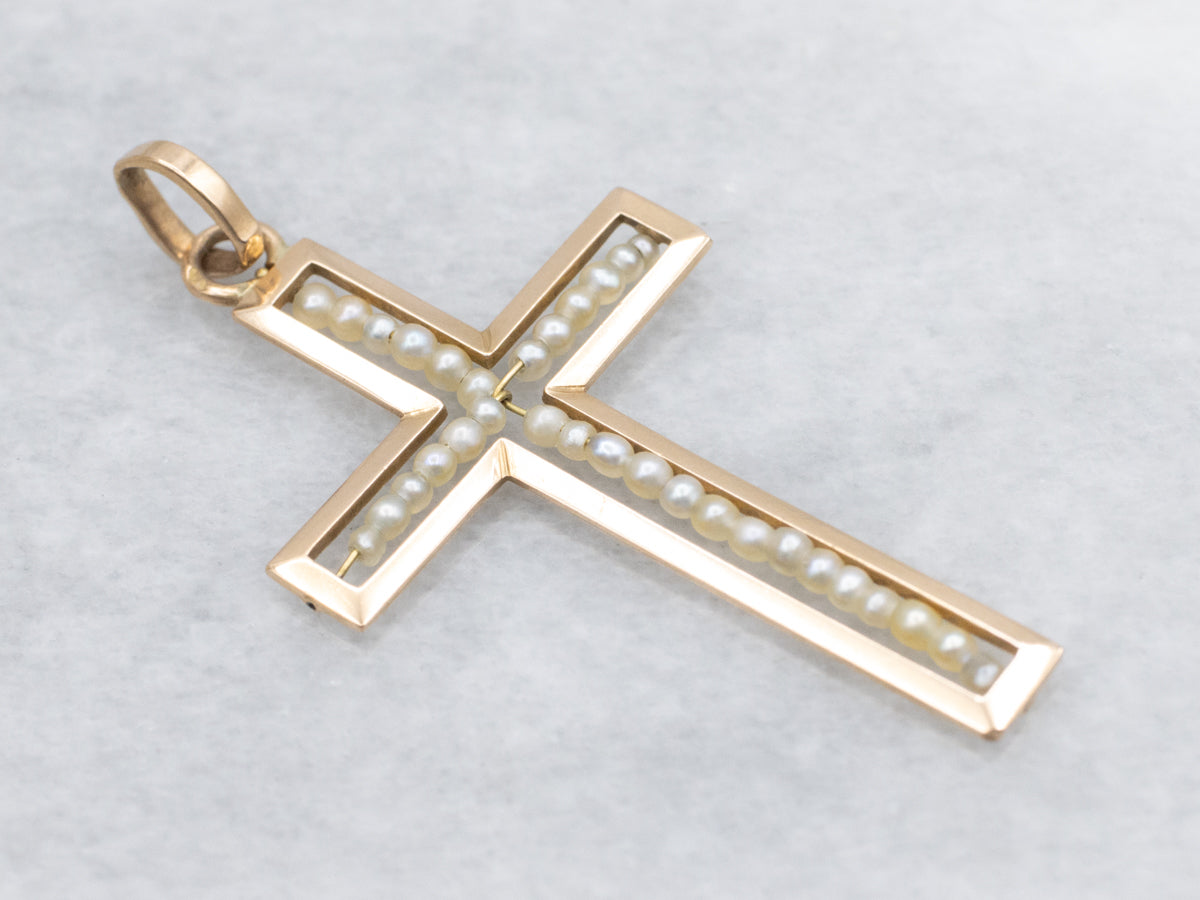Gorgeous Gold Seed Pearl Cross Pendant