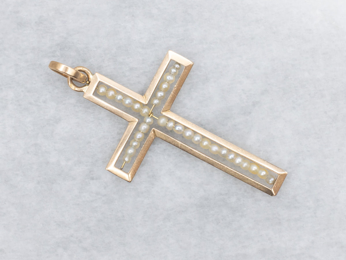 Gorgeous Gold Seed Pearl Cross Pendant