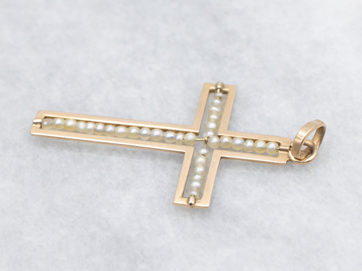 Gorgeous Gold Seed Pearl Cross Pendant