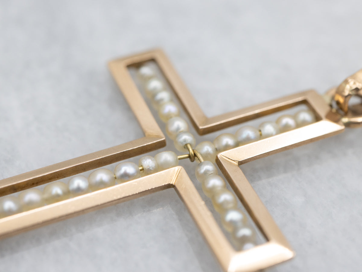 Gorgeous Gold Seed Pearl Cross Pendant