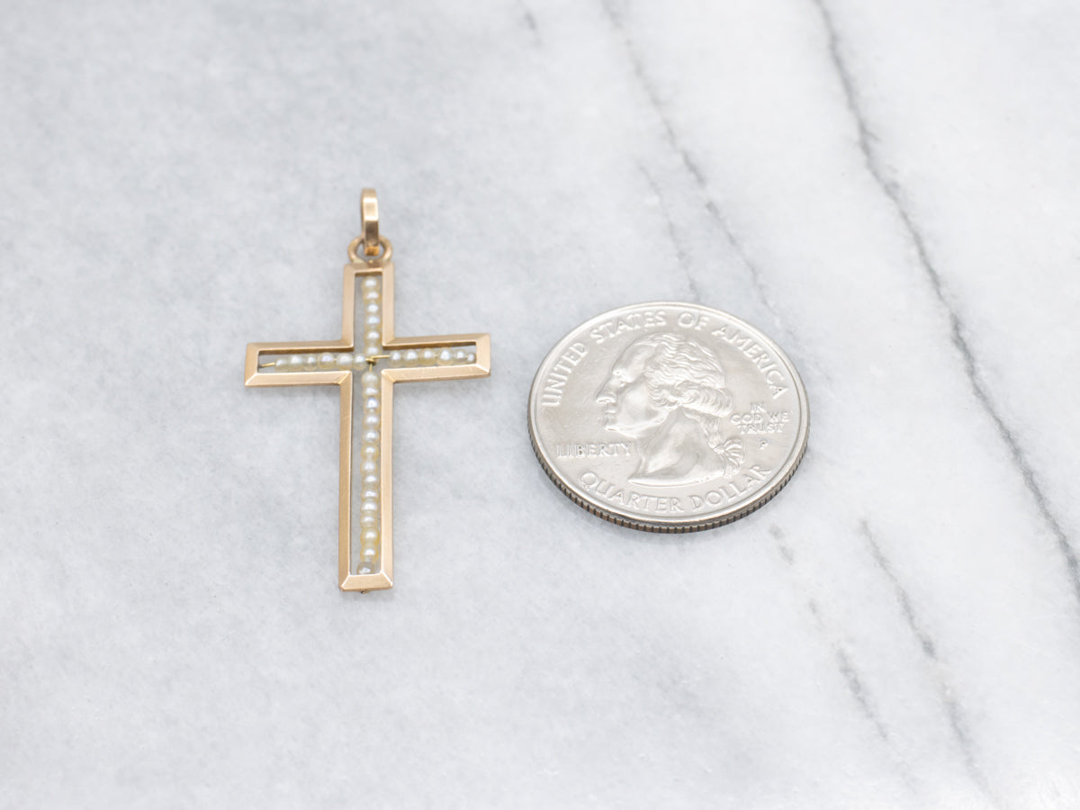 Gorgeous Gold Seed Pearl Cross Pendant
