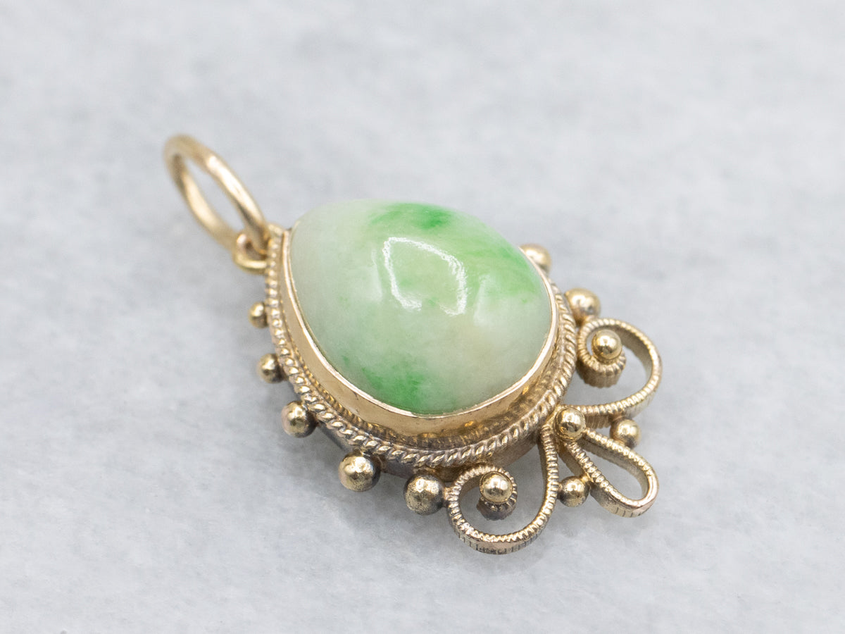 Teardrop Jadeite Scrolling Yellow Gold Pendant