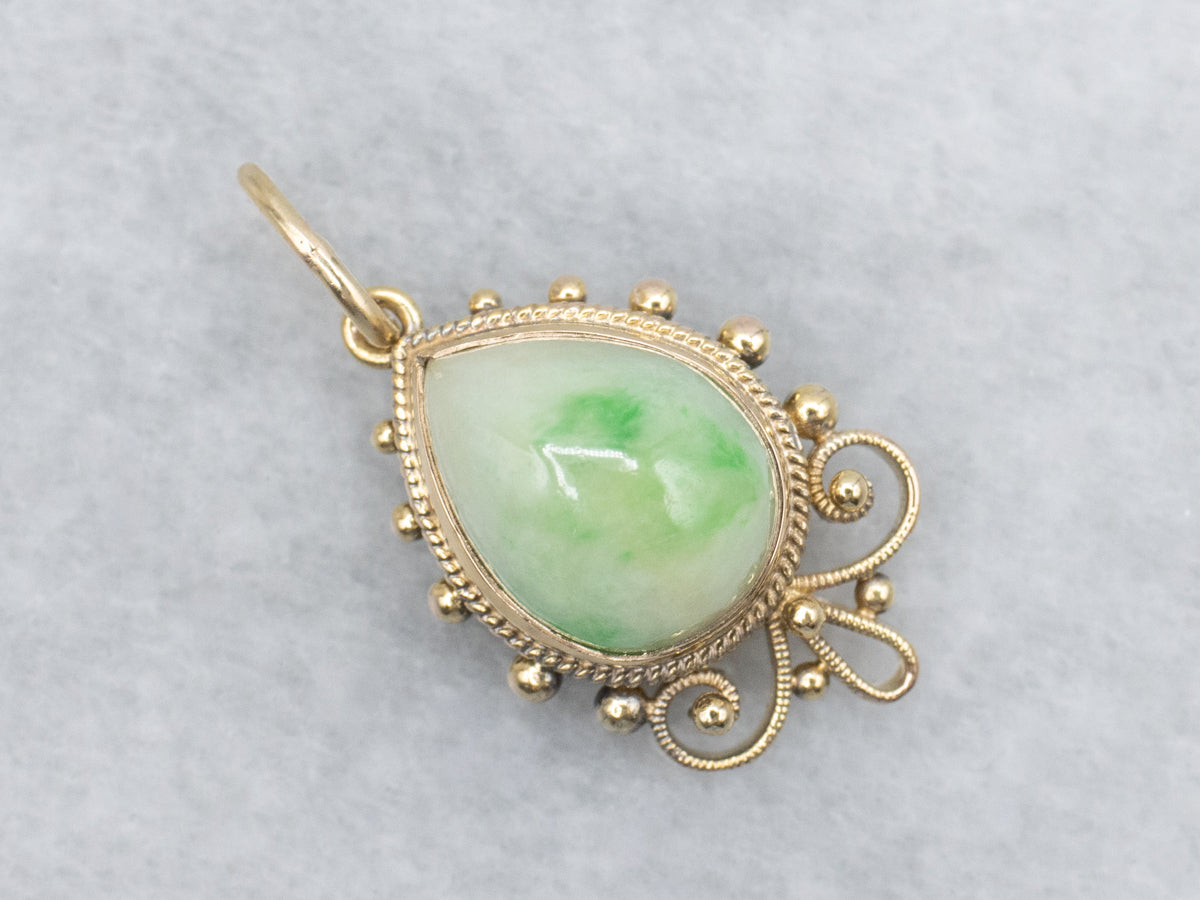 Teardrop Jadeite Scrolling Yellow Gold Pendant