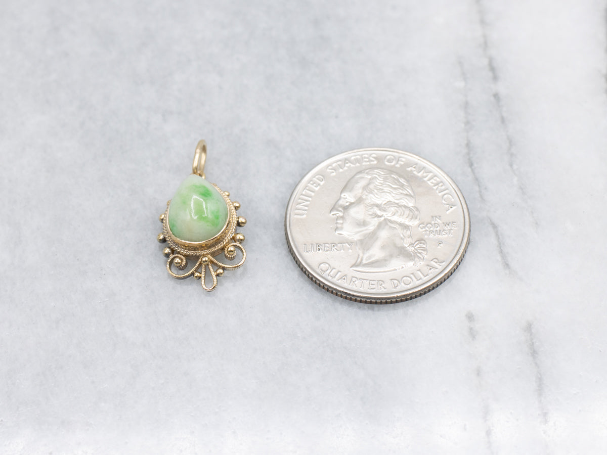 Teardrop Jadeite Scrolling Yellow Gold Pendant