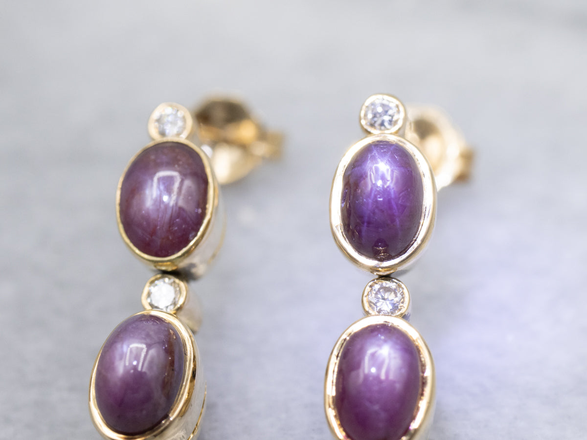 Purple Star Sapphire and Diamond Drop Earrings