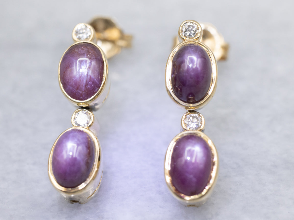 Purple Star Sapphire and Diamond Drop Earrings