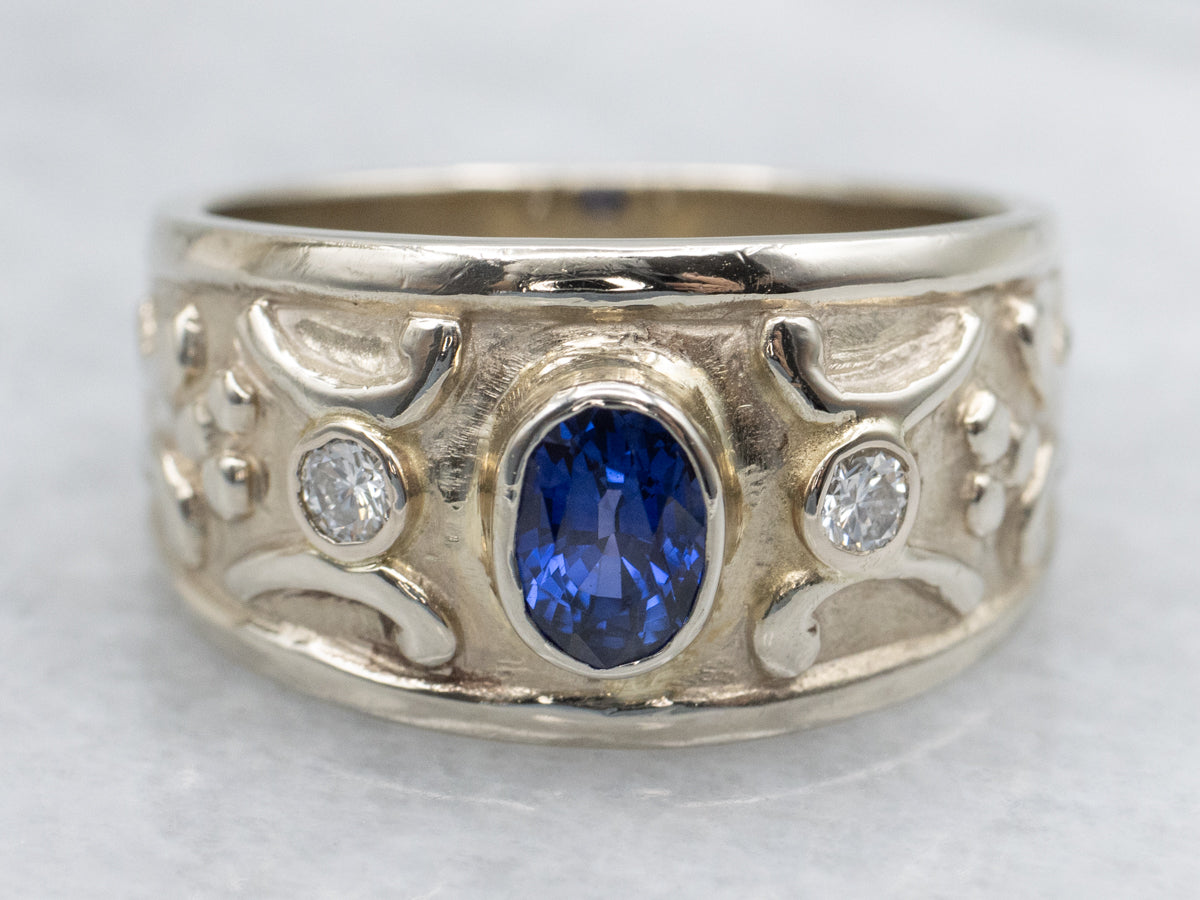 Bezel-Set Sapphire and Diamond Wide Gold Ring
