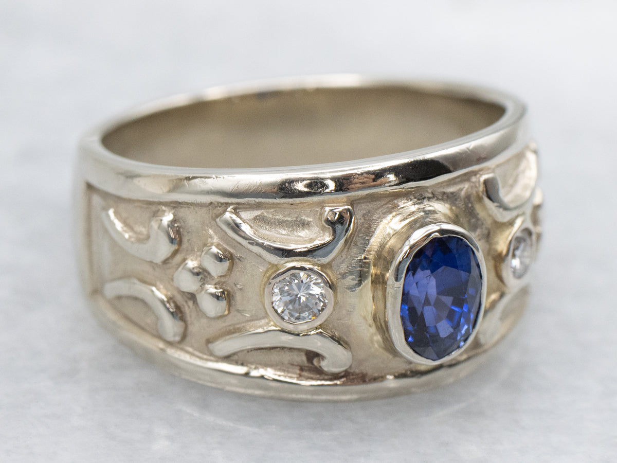 Bezel-Set Sapphire and Diamond Wide Gold Ring