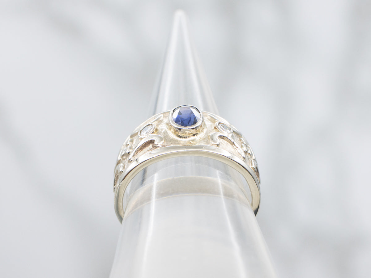 Bezel-Set Sapphire and Diamond Wide Gold Ring