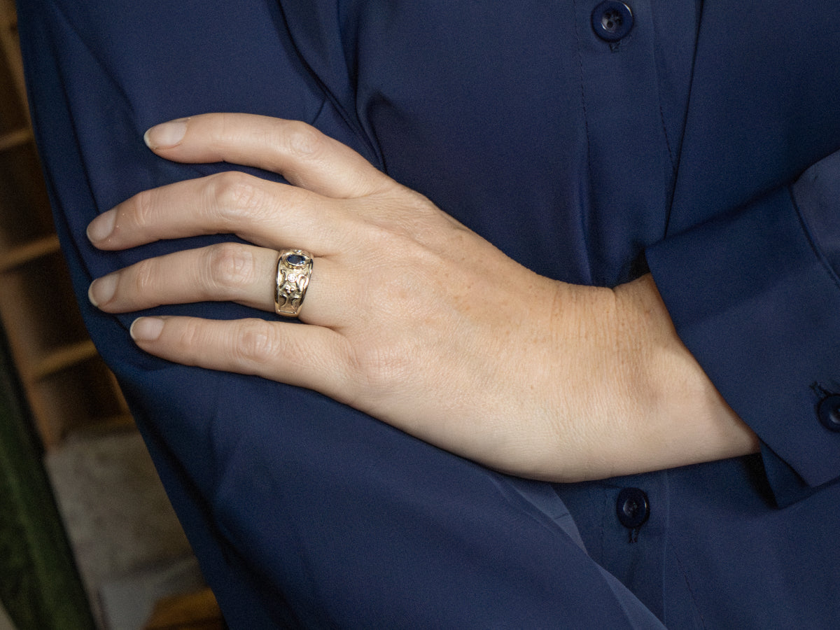 Bezel-Set Sapphire and Diamond Wide Gold Ring