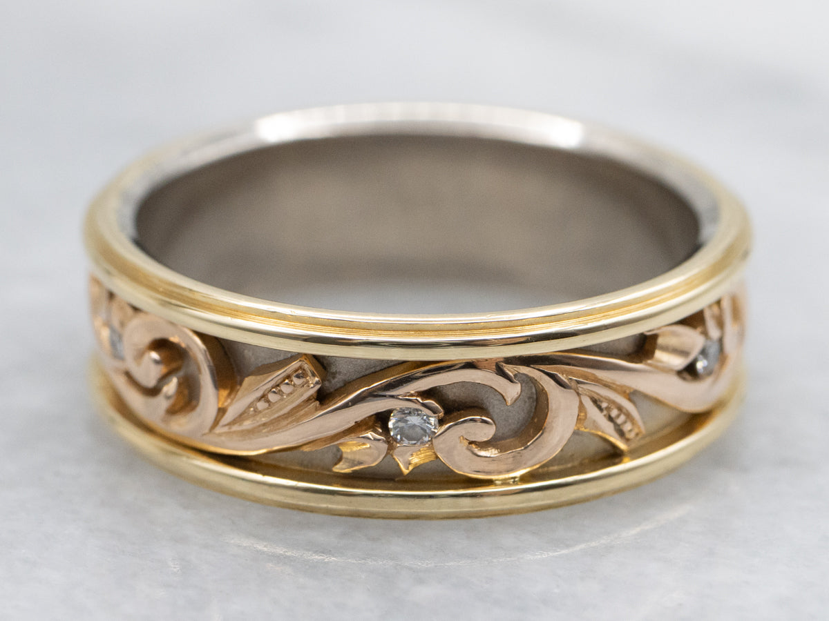 Diamond Tri-Color Gold Botanical Pattern Band