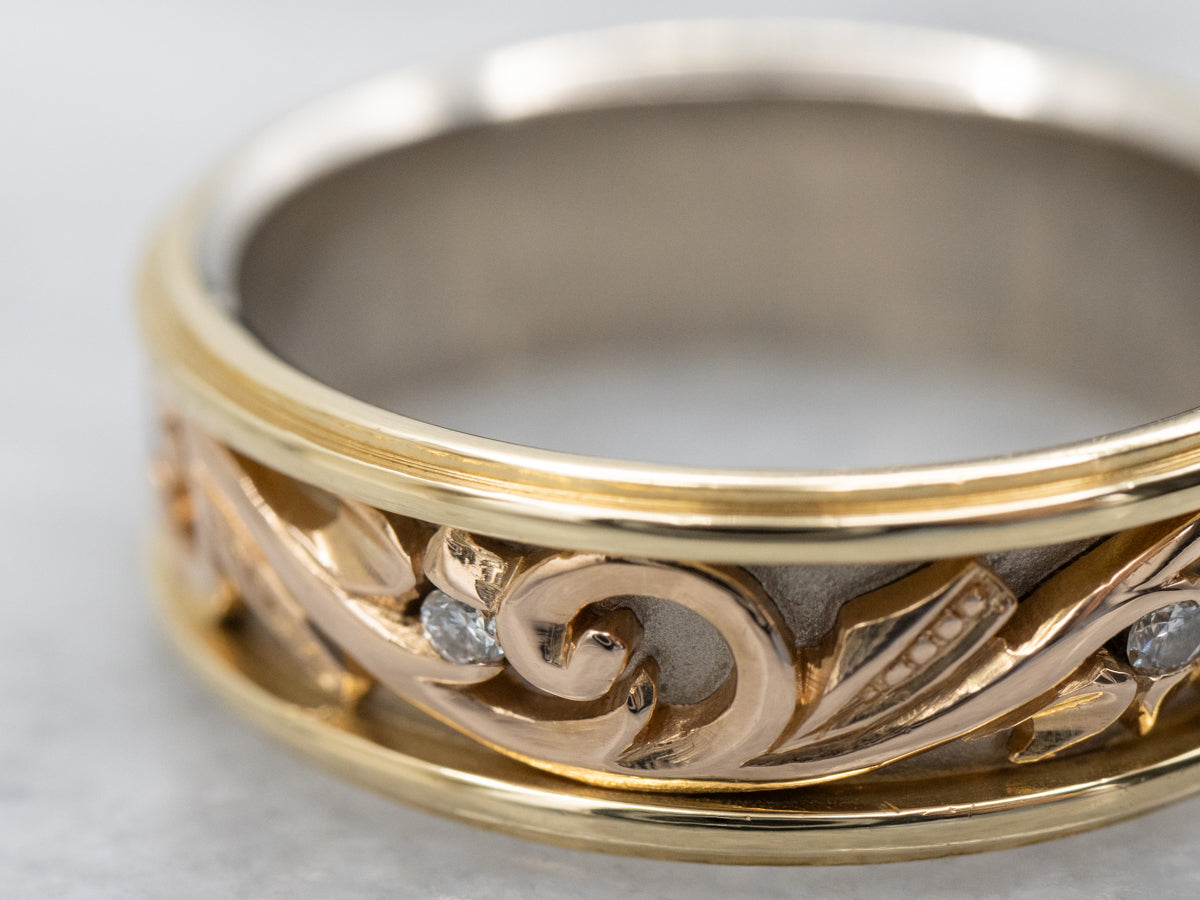 Coloured Pattern Bands Diamond Tri-Color Gold Botanical Pattern Band - Market Square Jewelers