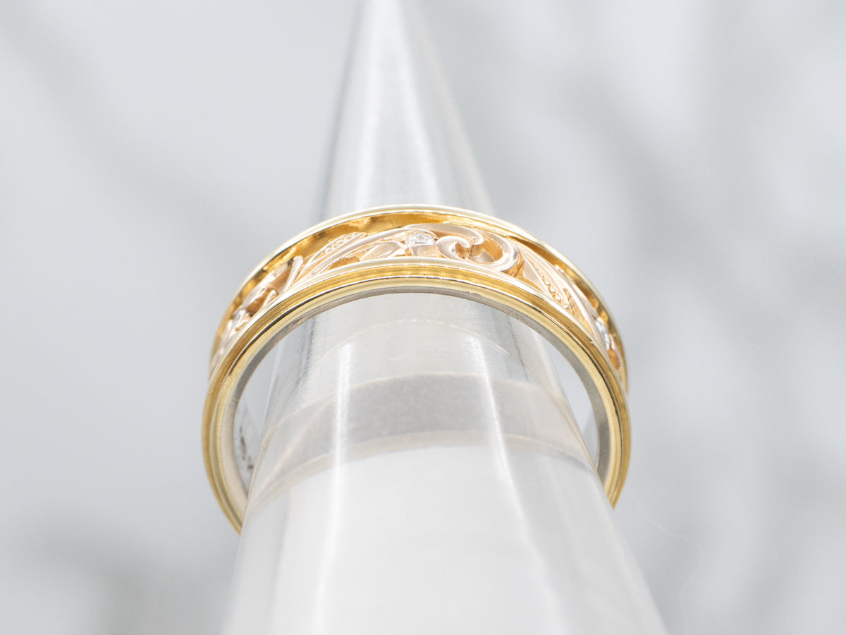 Diamond Tri-Color Gold Botanical Pattern Band
