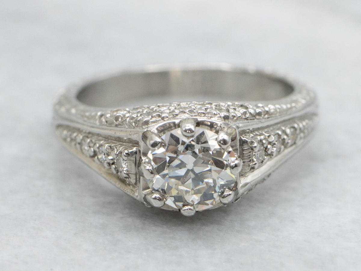 Platinum European Cut Diamond Engagement Ring with Pave Set Diamonds