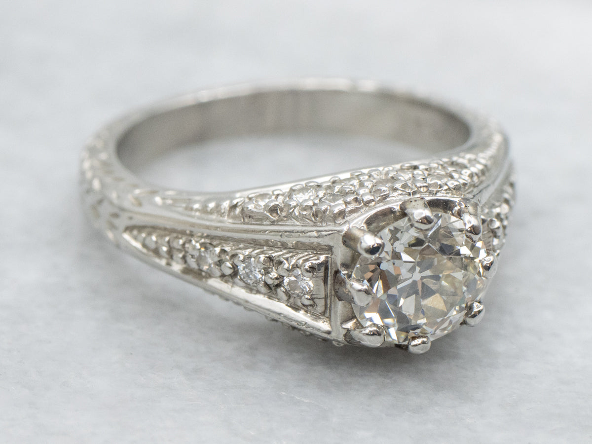Platinum European Cut Diamond Engagement Ring with Pave Set Diamonds