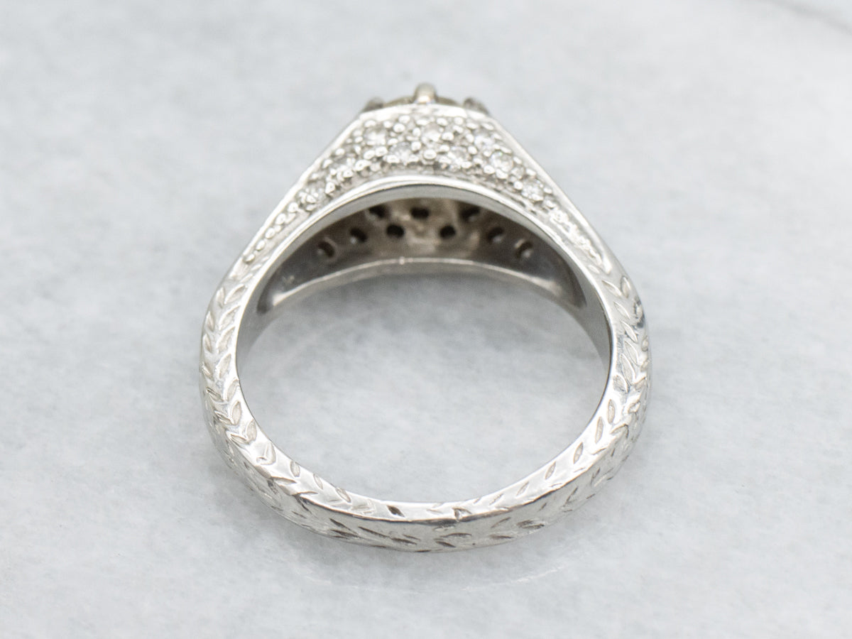 Platinum European Cut Diamond Engagement Ring with Pave Set Diamonds