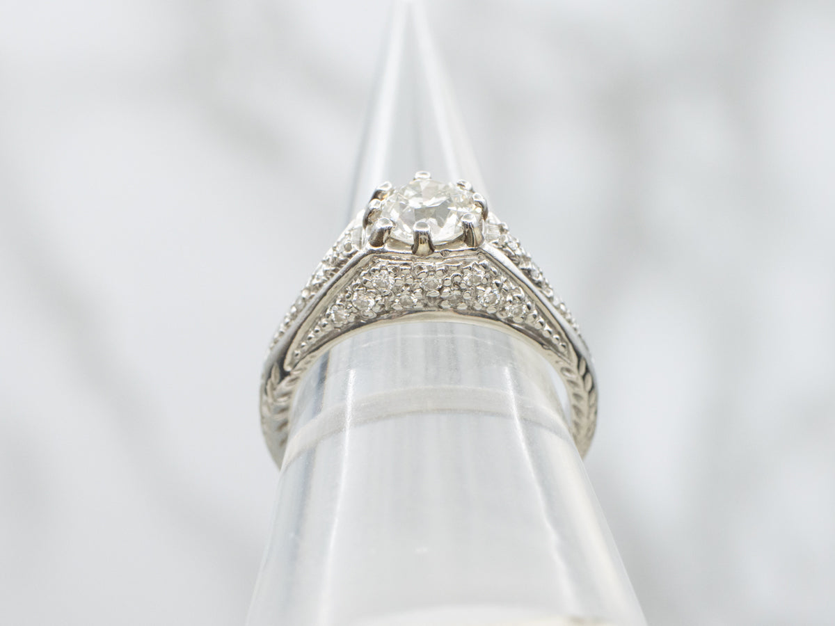 Platinum European Cut Diamond Engagement Ring with Pave Set Diamonds