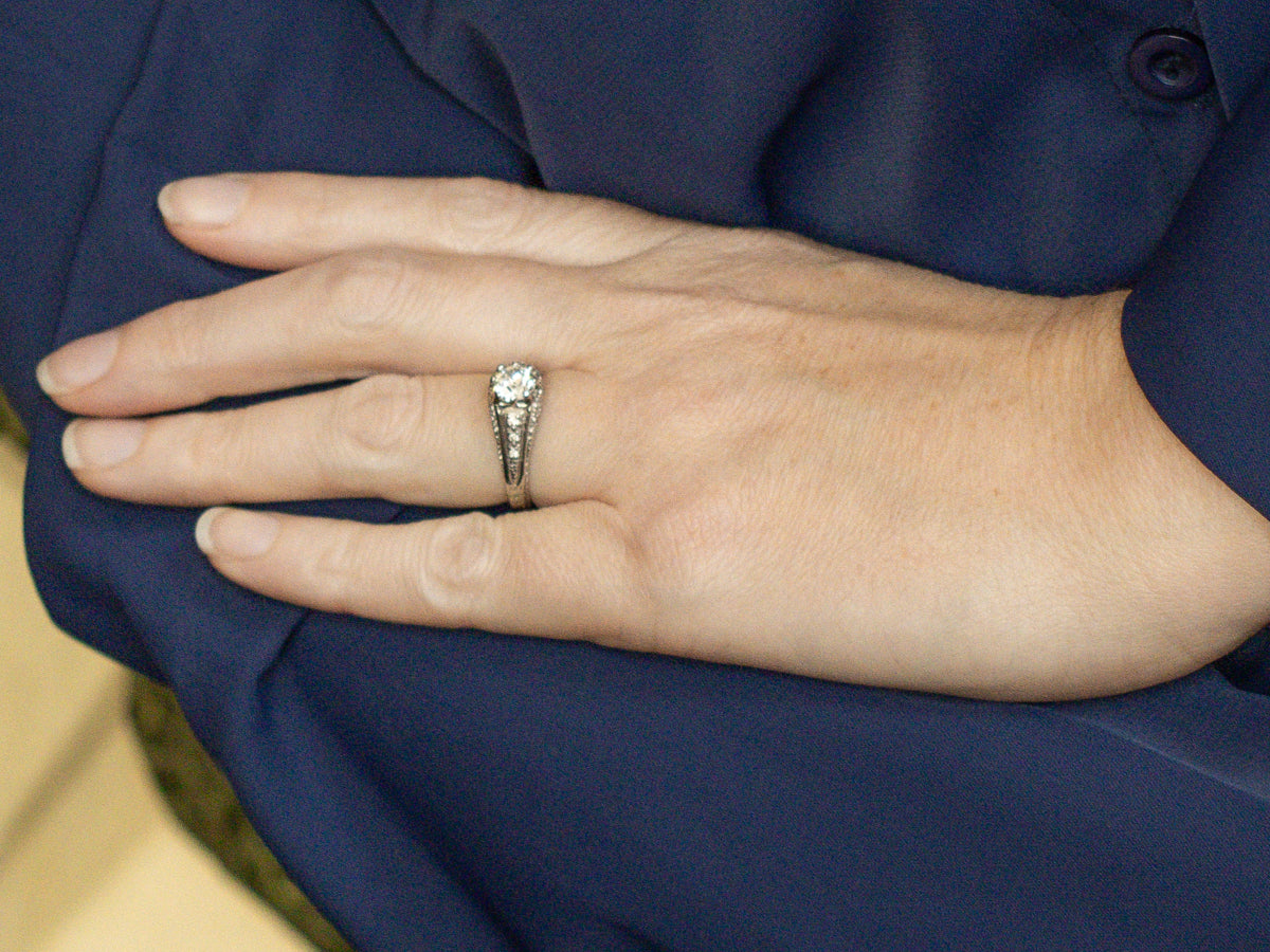 Platinum European Cut Diamond Engagement Ring with Pave Set Diamonds