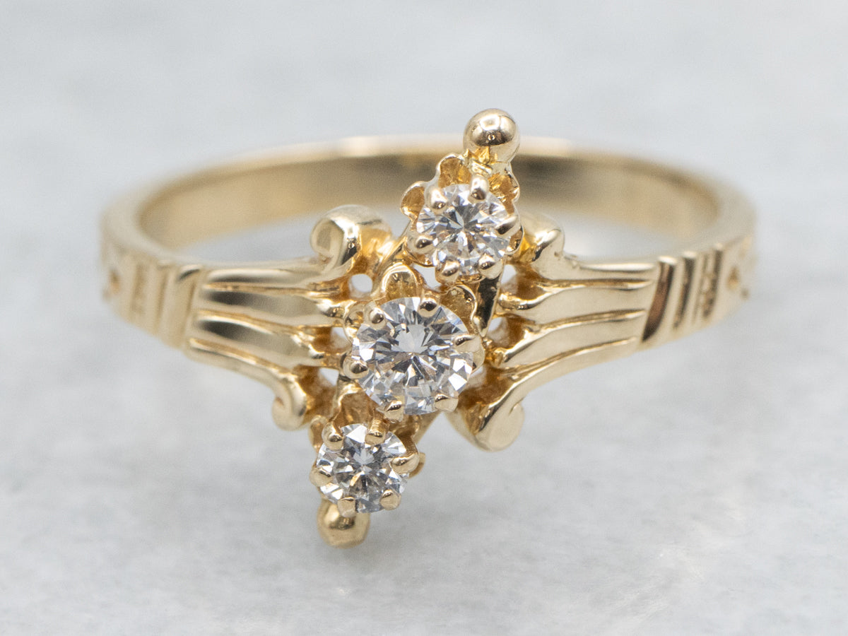 Victorian Gold Triple Diamond Navette Dinner Ring