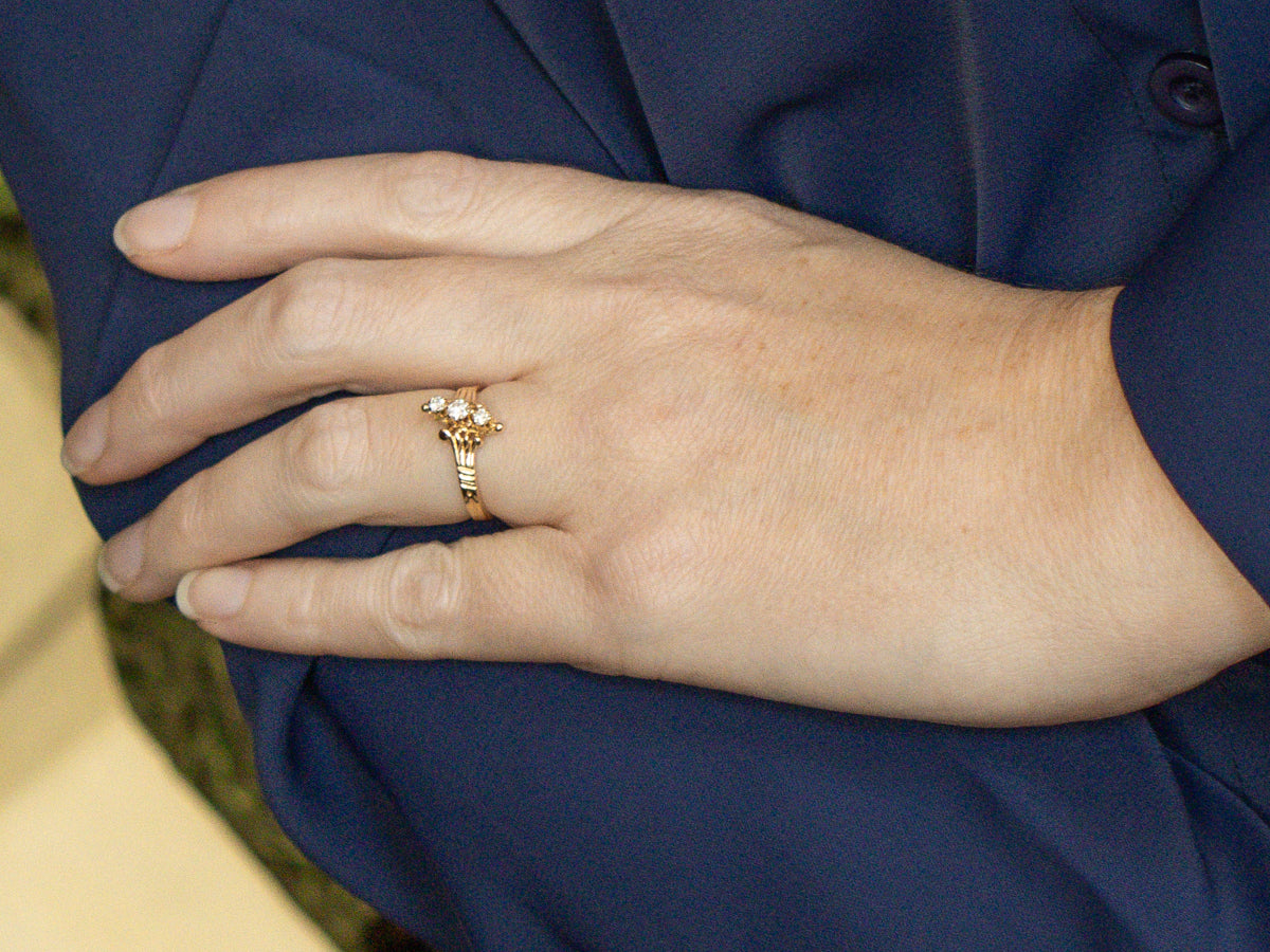 Victorian Gold Triple Diamond Navette Dinner Ring
