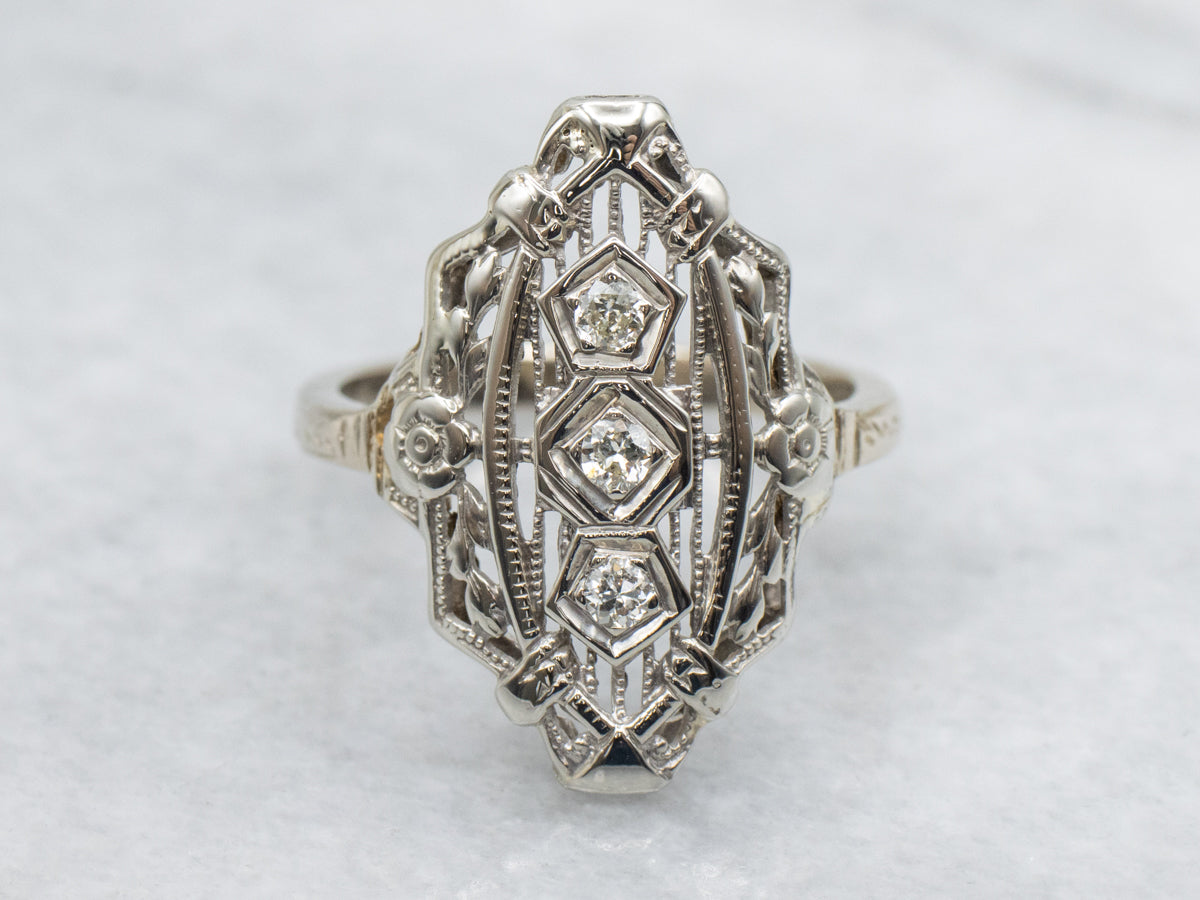 14K White Gold Diamond Vintage Dinner Ring
