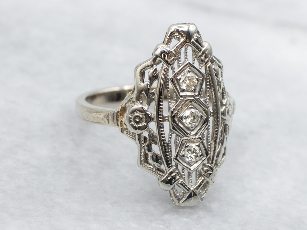 14K White Gold Diamond Vintage Dinner Ring