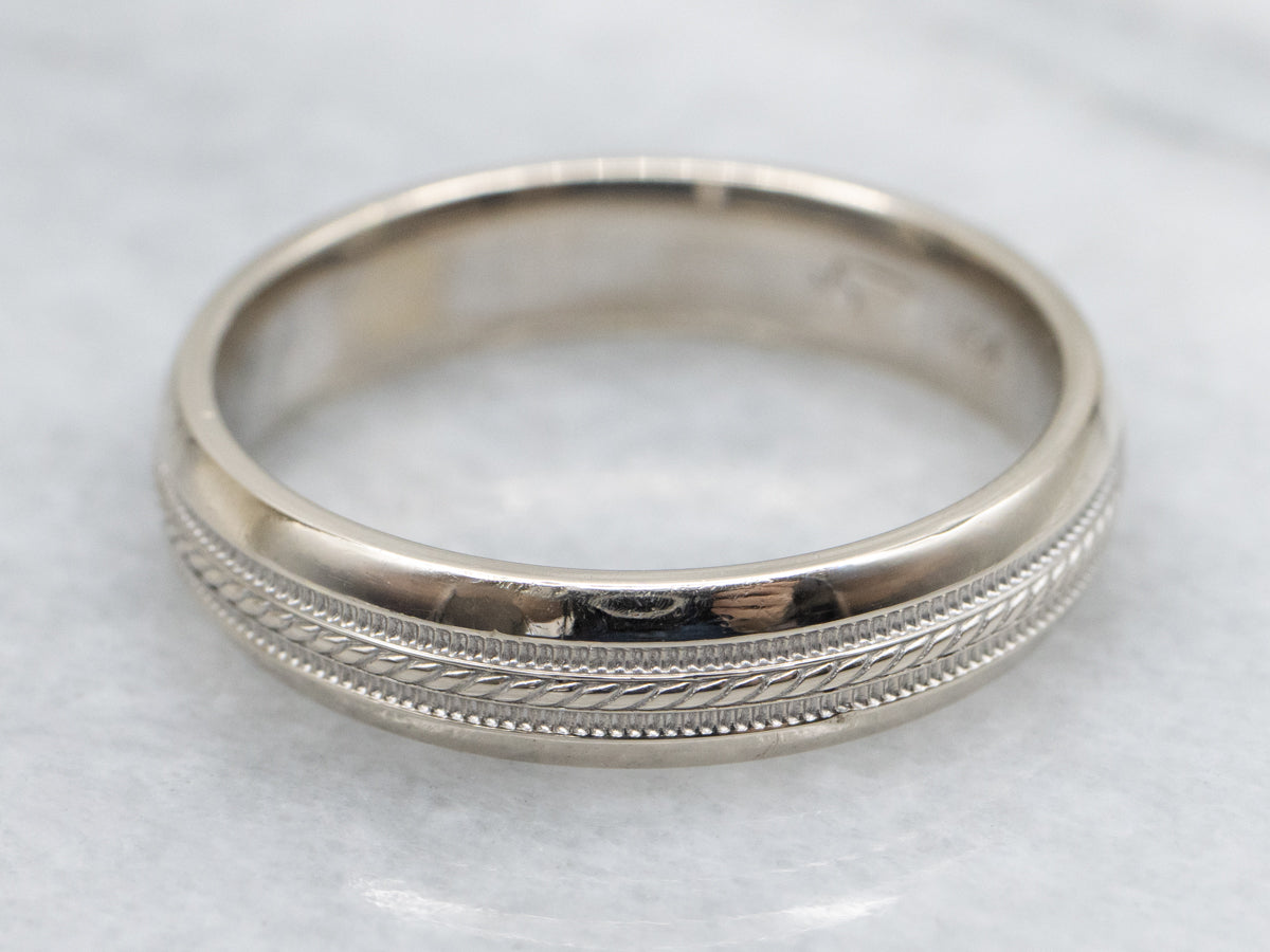 White Gold Wedding Band with Rope Twist and Milgrain Center
