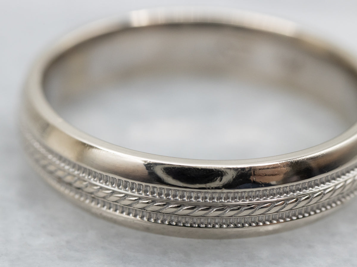 White Gold Wedding Band with Rope Twist and Milgrain Center