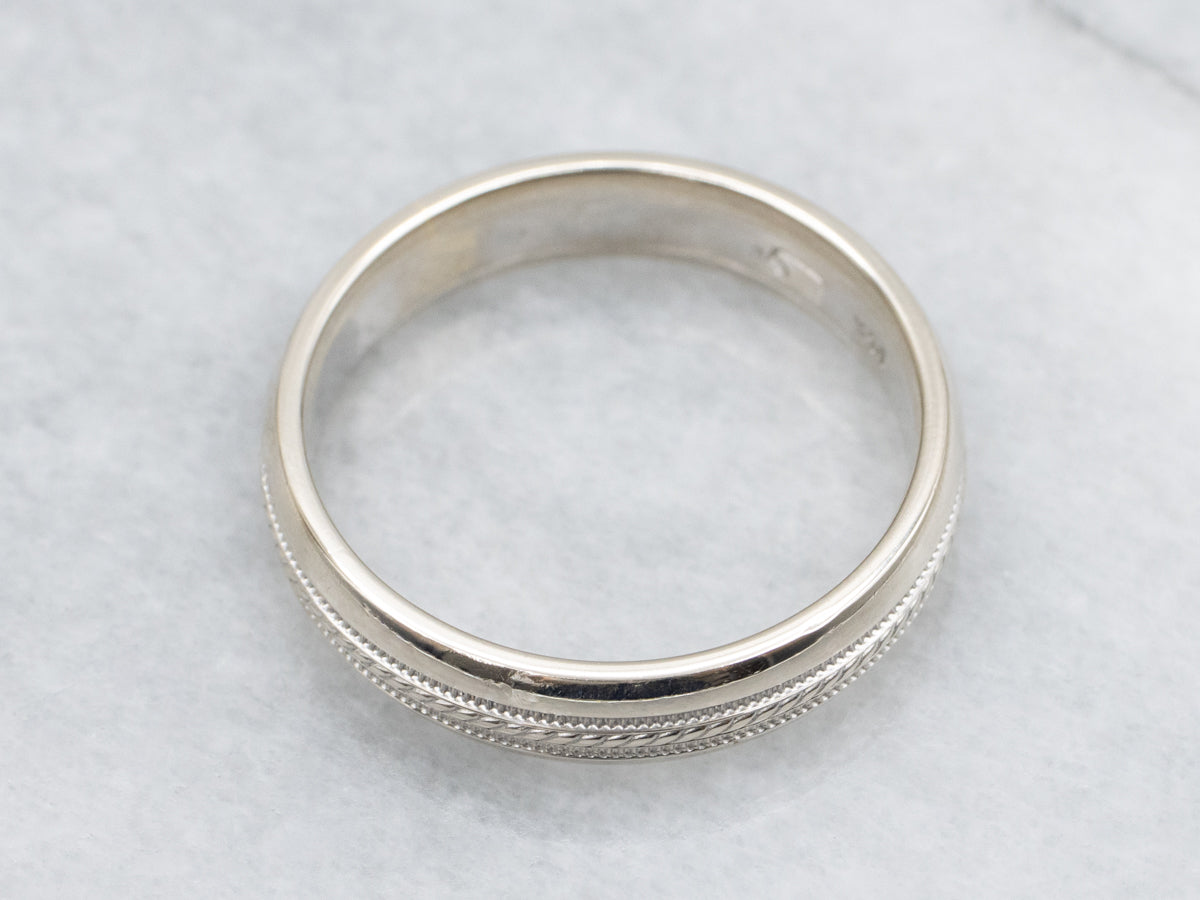 White Gold Wedding Band with Rope Twist and Milgrain Center