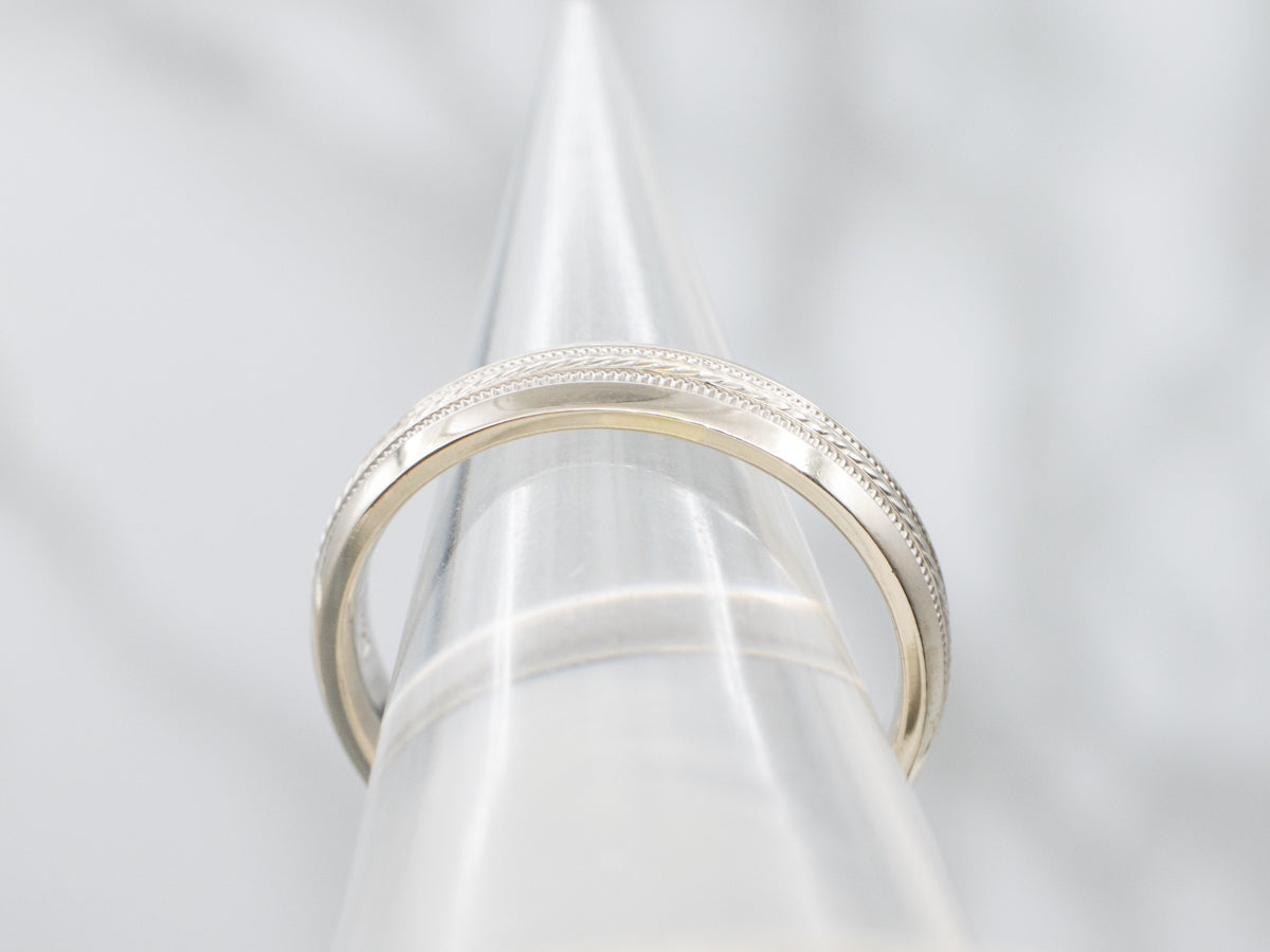White Gold Wedding Band with Rope Twist and Milgrain Center