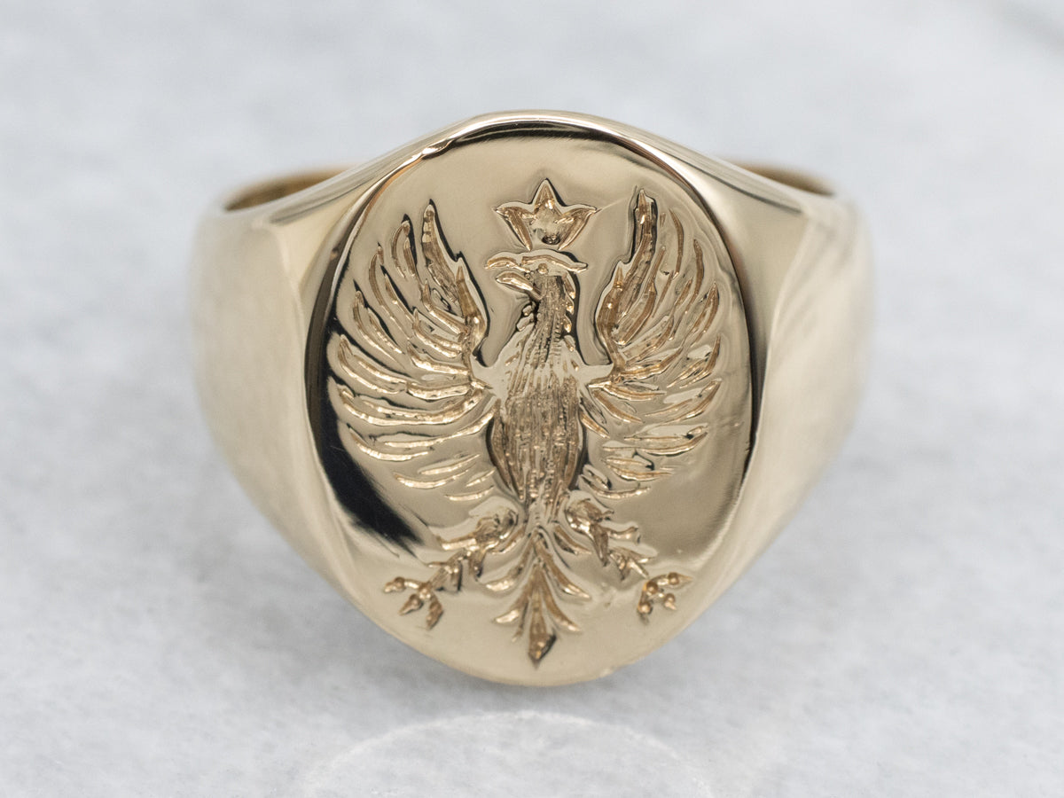 Polished Gold Rising Phoenix Bird Unisex Signet Ring