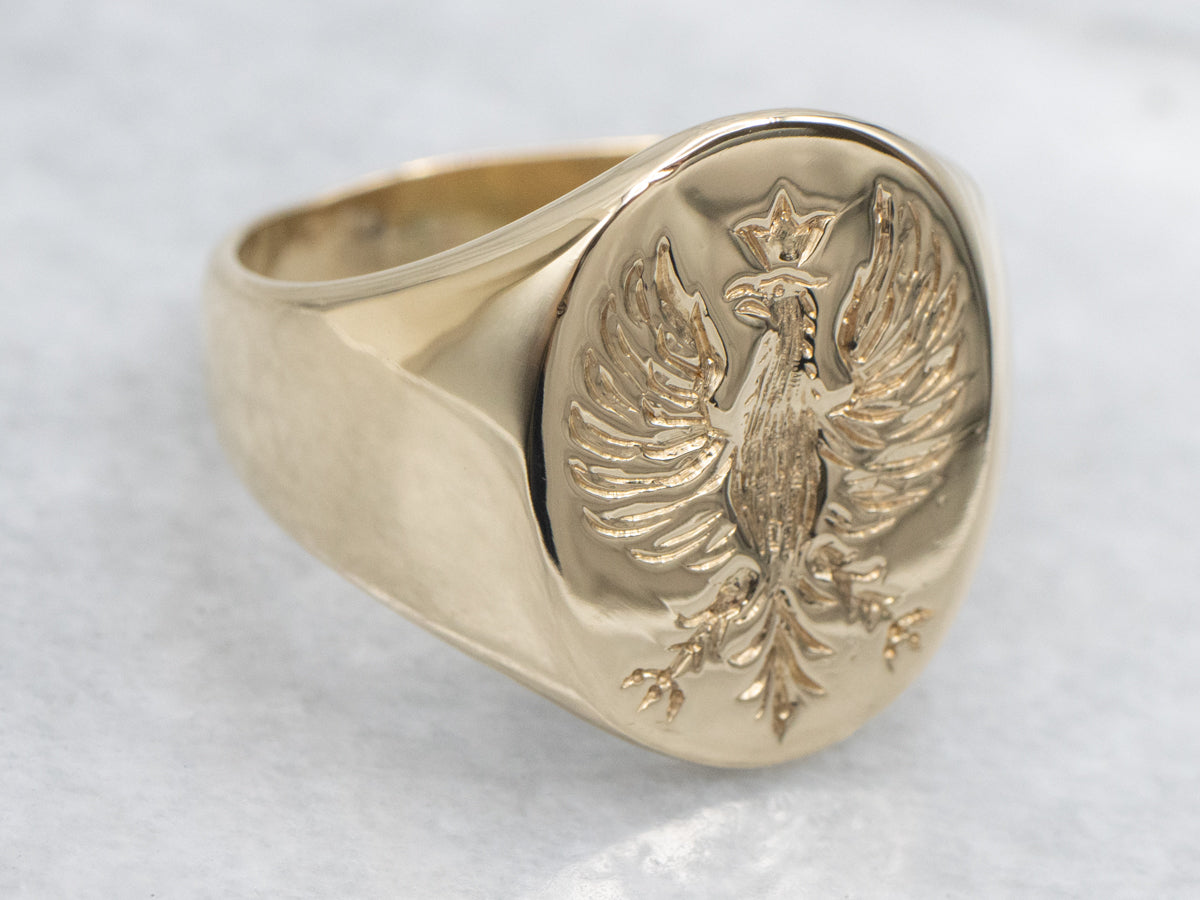 Polished Gold Rising Phoenix Bird Unisex Signet Ring