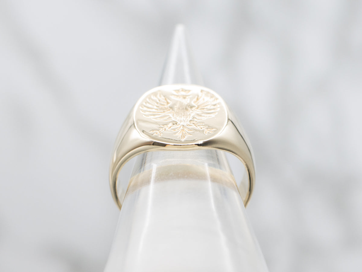 Polished Gold Rising Phoenix Bird Unisex Signet Ring