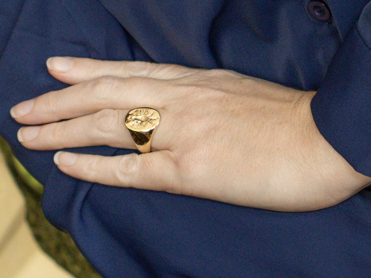 Polished Gold Rising Phoenix Bird Unisex Signet Ring