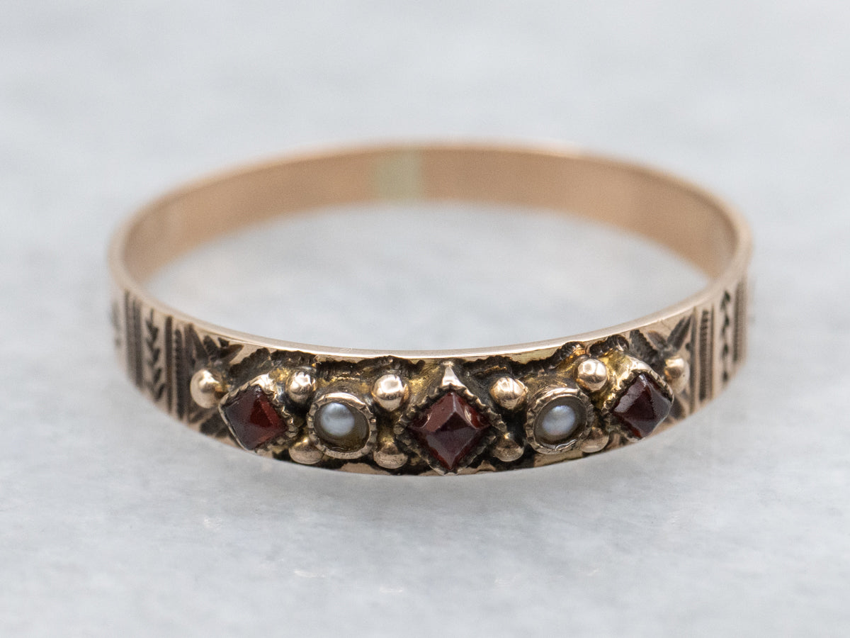 Victorian Garnet and Gold Seed Pearl Baptism Band