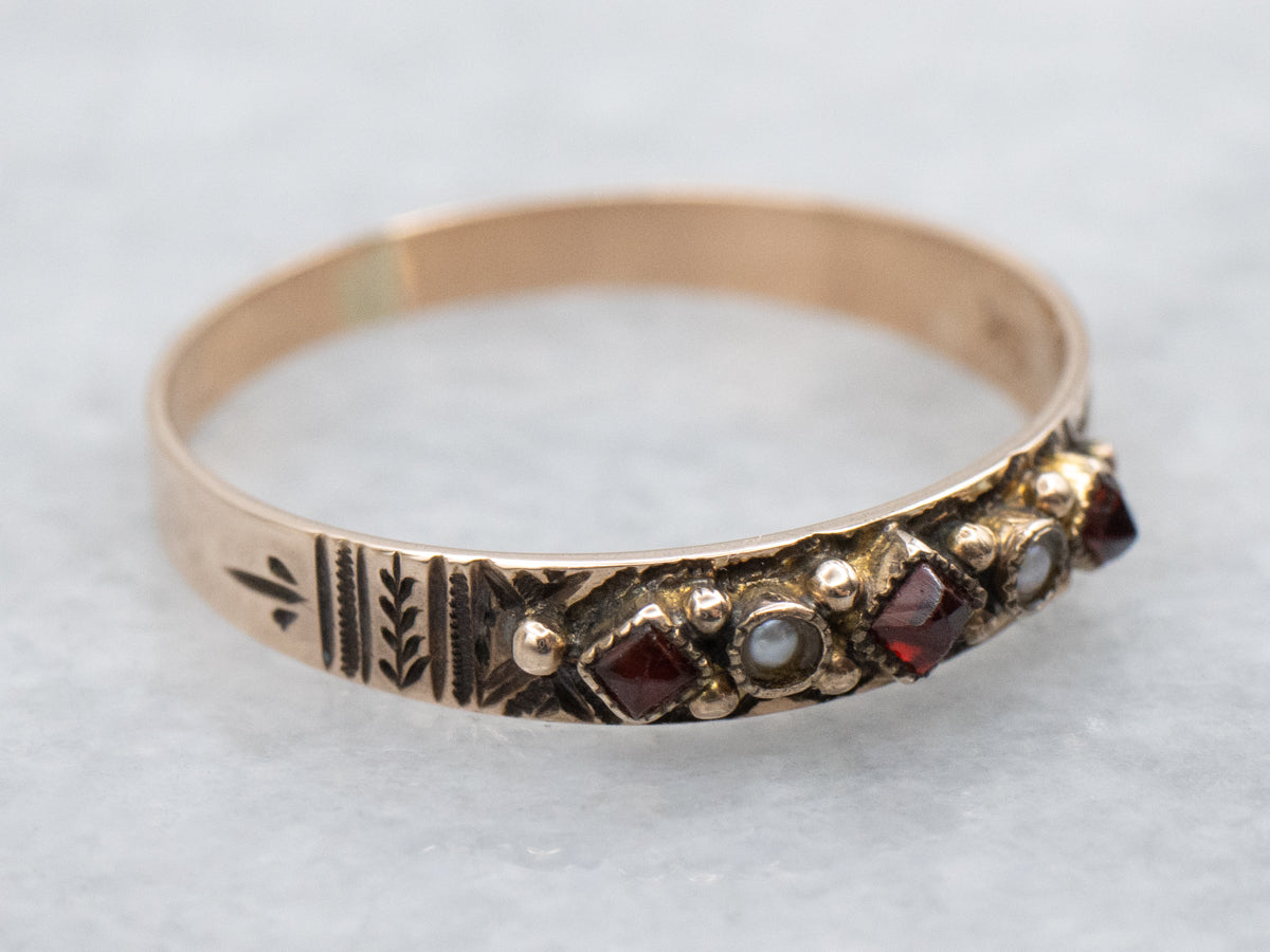 Victorian Garnet and Gold Seed Pearl Baptism Band