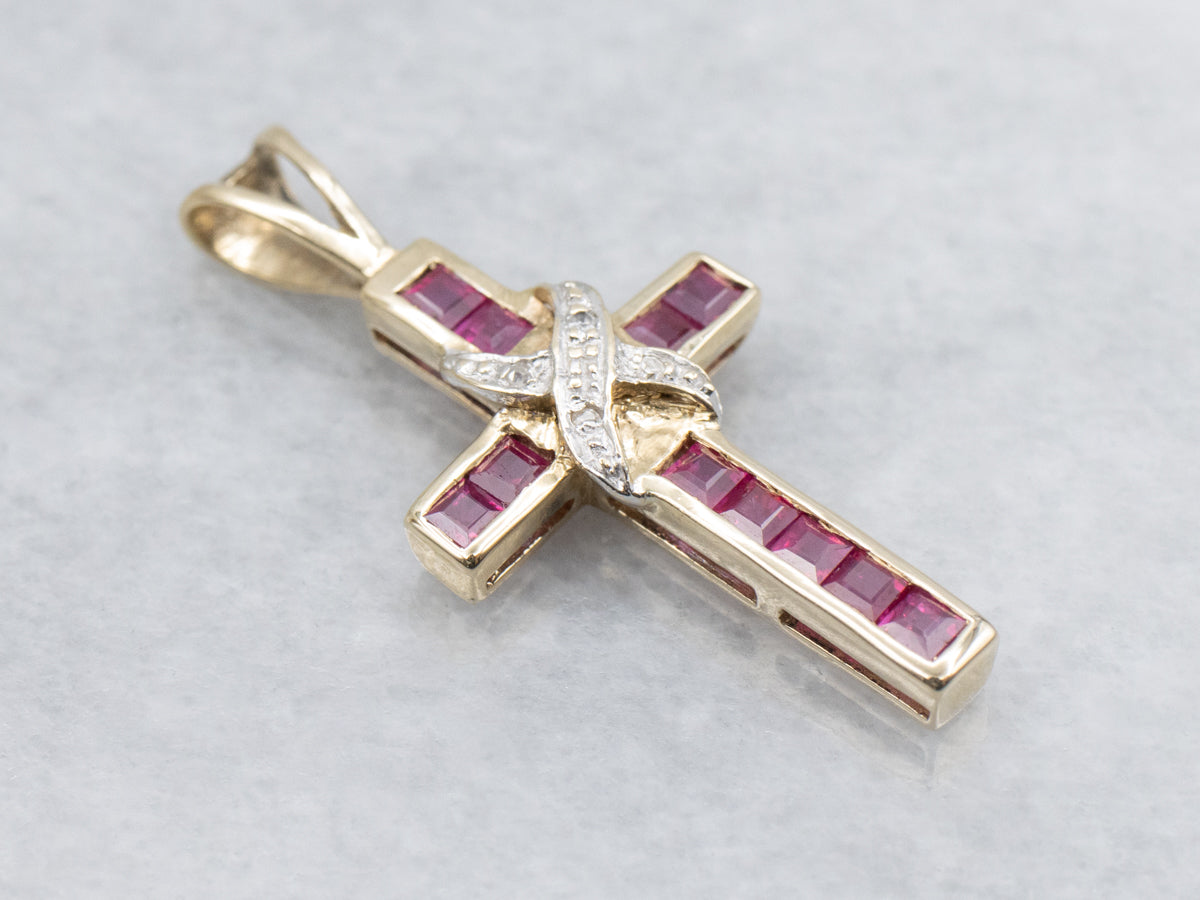 Modern Two Tone Gold Ruby and Diamond Cross Pendant