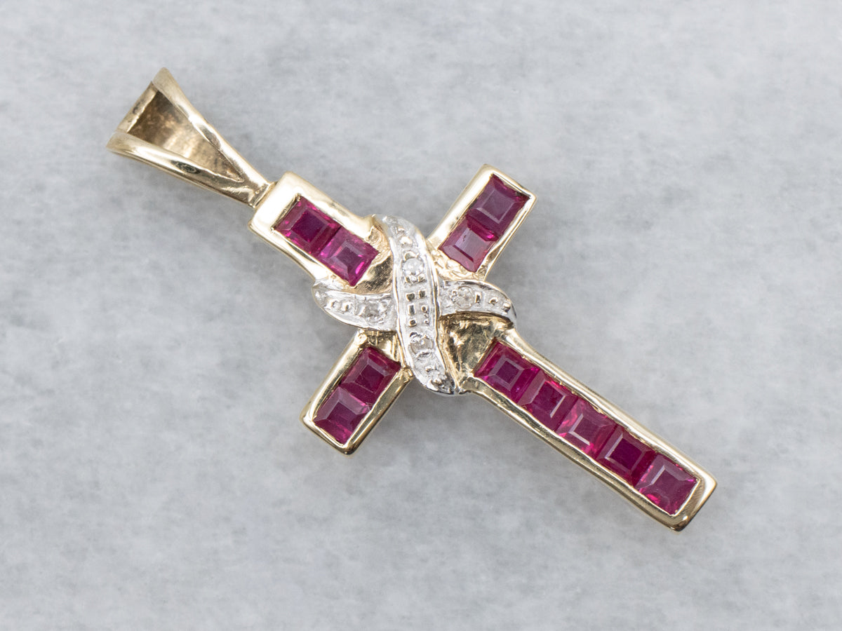 Modern Two Tone Gold Ruby and Diamond Cross Pendant