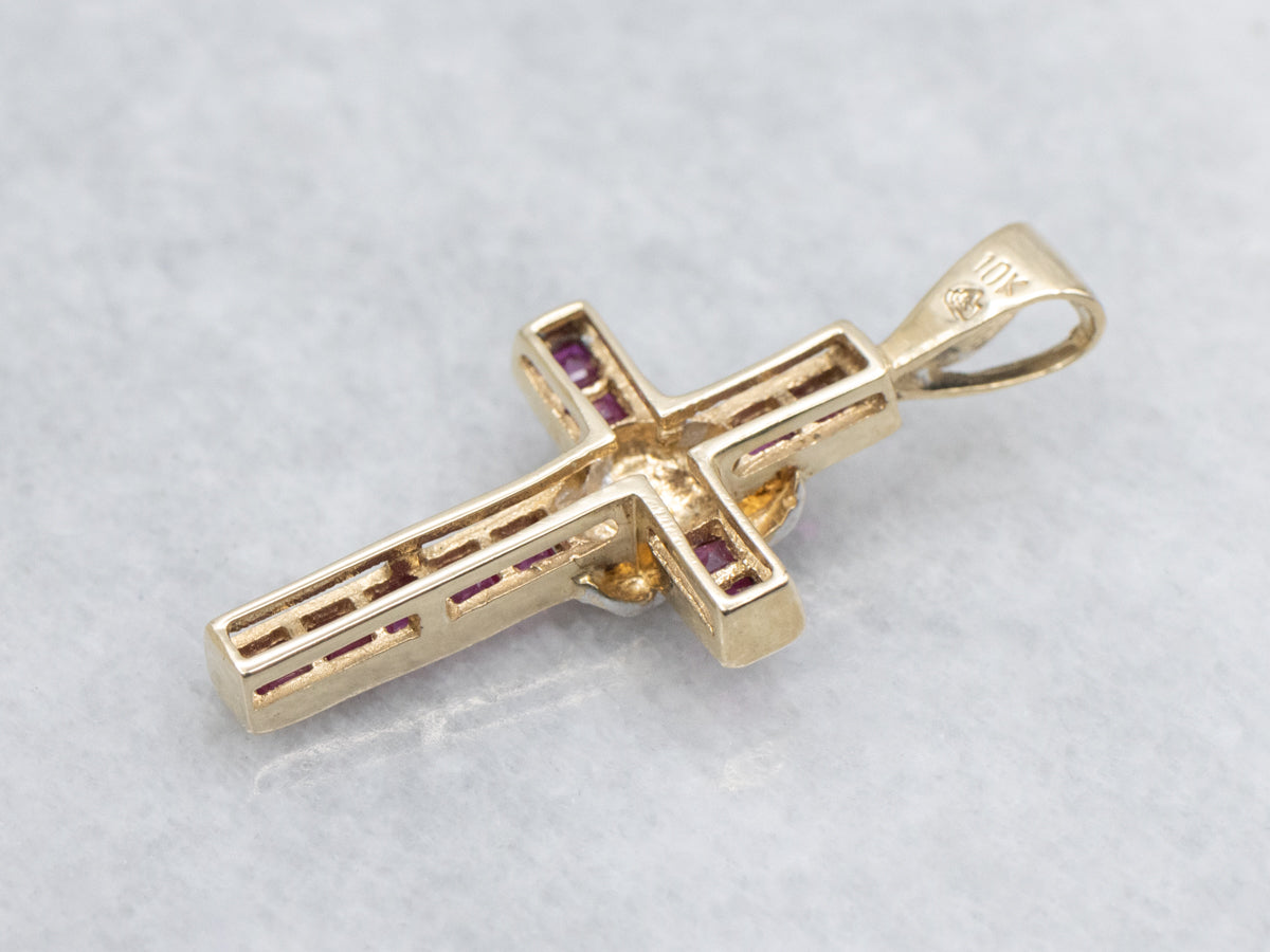 Modern Two Tone Gold Ruby and Diamond Cross Pendant