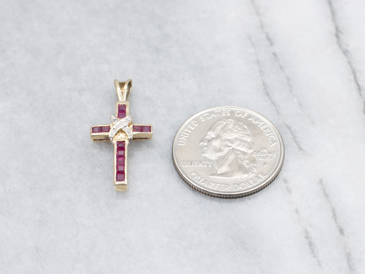 Modern Two Tone Gold Ruby and Diamond Cross Pendant
