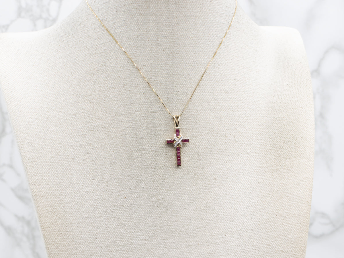 Modern Two Tone Gold Ruby and Diamond Cross Pendant