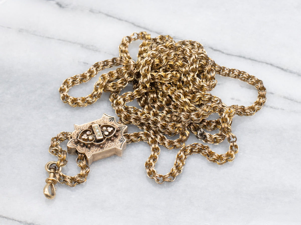 Antique Pendant Watch Chain With Ornate Seed Pearl Slide Victorian Era