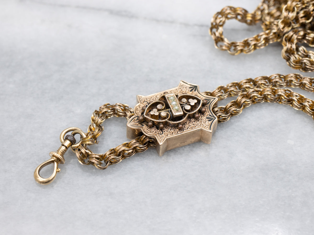 Antique Pendant Watch Chain With Ornate Seed Pearl Slide Victorian Era