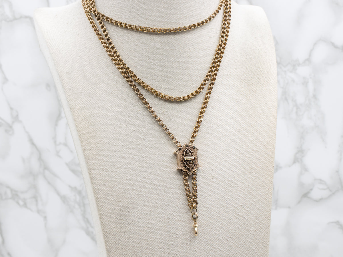 Antique Pendant Watch Chain With Ornate Seed Pearl Slide Victorian Era