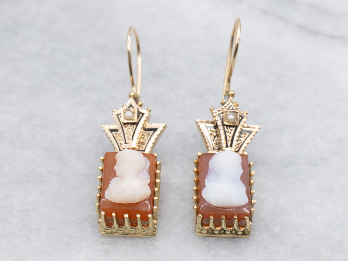 Victorian Cameo Gold and Black Enamel Seed Pearl Drop Earrings